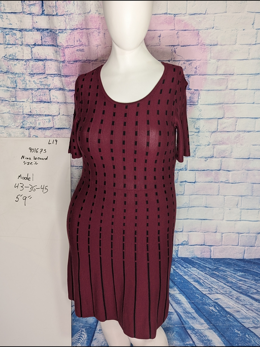 Nina Leonard Burgundy Short-Sleeve Ribbed Knit Mini Dress